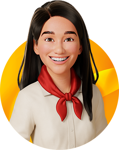 GurIA: moça sorridente, pele clara, cabelos lisos pretos, camisa branca e lenço vermelho no pescoço